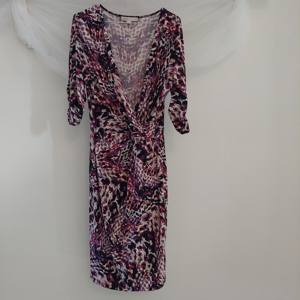 Cleo Purple & Black Faux Wrap Midi Dress with Ruched Sleeves Size 12